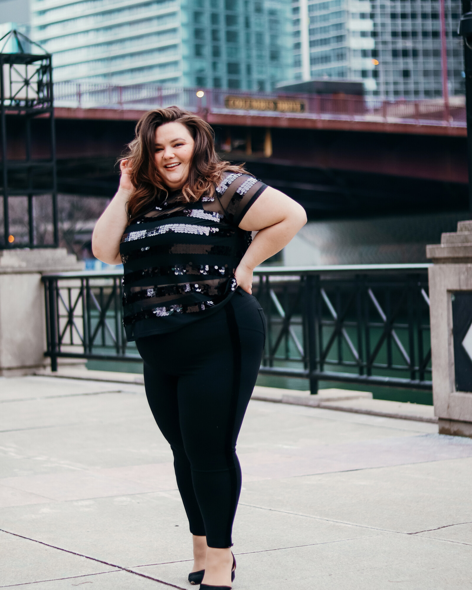 Chicago Plus Size Petite Fashion Blogger Natalie in the City how to build confidence plus size holiday outfit plus size tuxedo pants