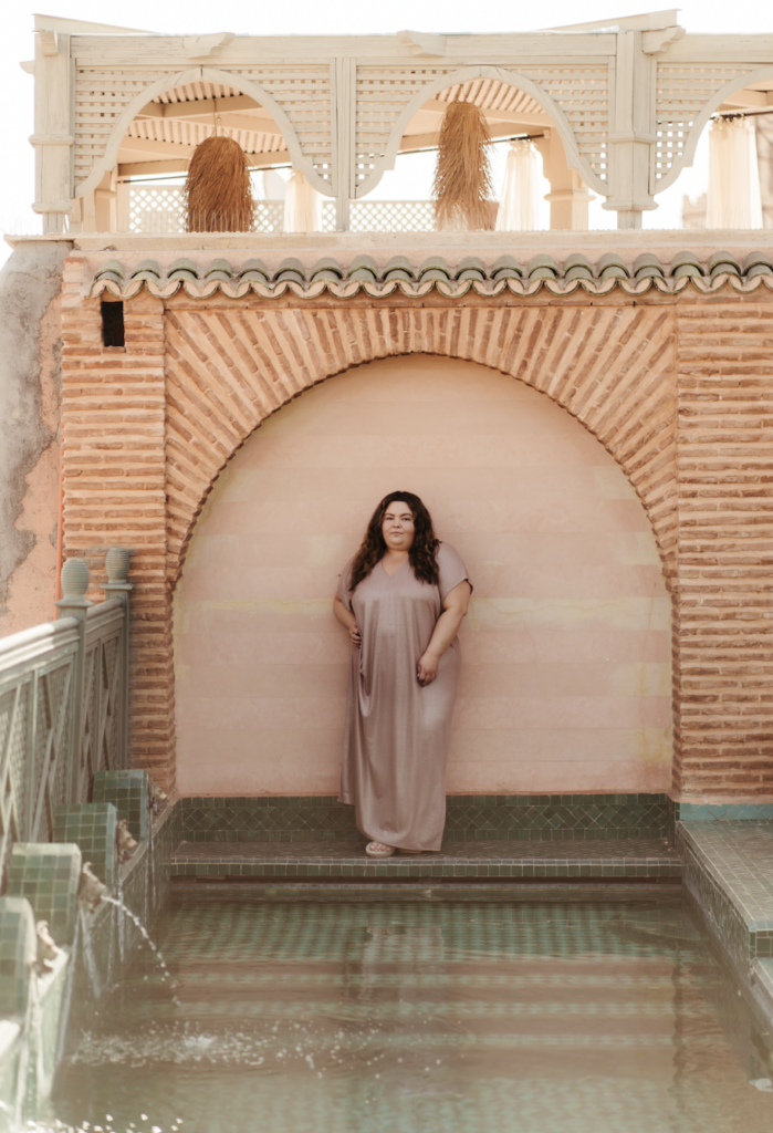 plus size woman wearing a caftan at the Riad Elegancia in Marrakech Morocco